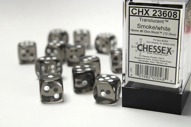 Translucent 16mm d6 Smoke/white Dice Block™ (12 dice)